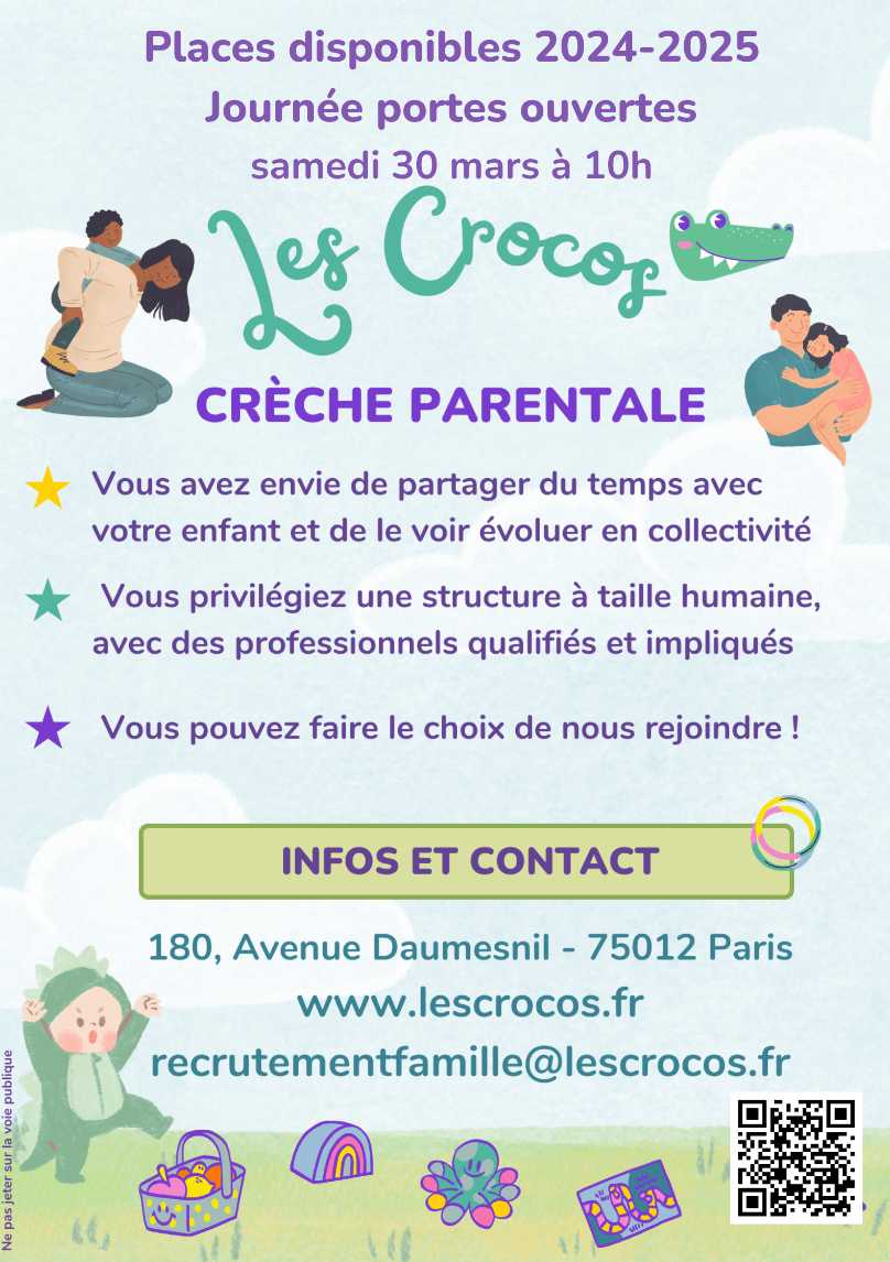 Affiche pour la journée portes ouvertes de la crèche parentale Les Crocos, Paris 12, 2024-03-30