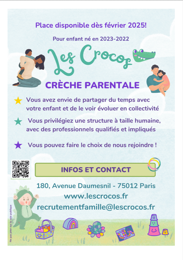 Annonce d'une place disponibles à la crèche parentale Les Crocos, Paris 12, 2025-17-01