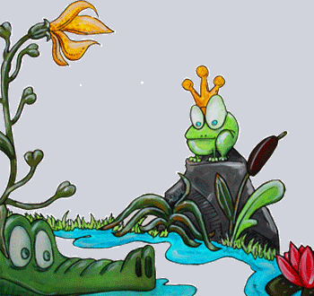 grenouille-avec-couronne-sur-un-rocher-regardant-crocodile